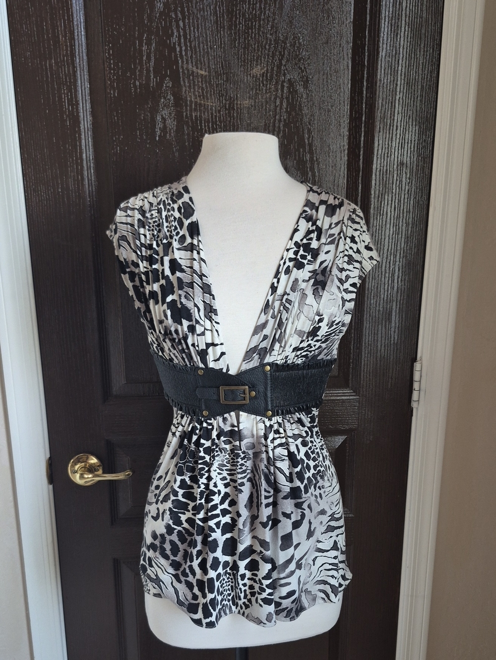 Sky Black & White Animal Print V-Neck Blouse with Leather Corset Embleshment Nwo